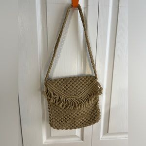 Macrame rope tan shoulder bag with fringe